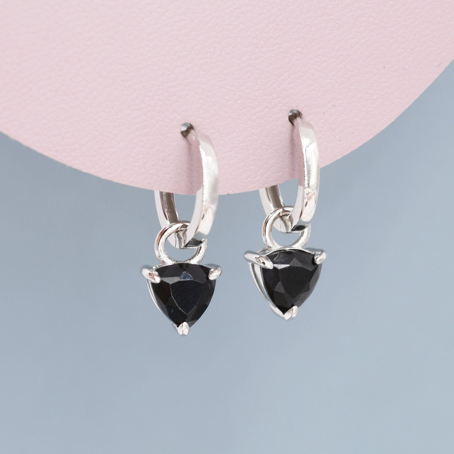 Sterling Silver Black Trillion Cut CZ Hoop Earrings, Silver or Gold, Triangle Dangle Hoop Earrings, Interchangeable Charm