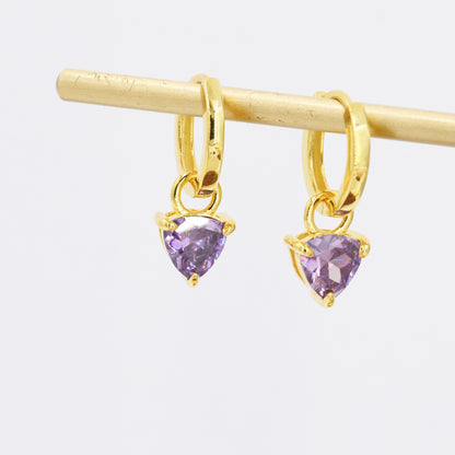 Sterling Silver Amethyst Purple Trillion Cut CZ Hoop Earrings, Silver, Gold, Triangle Dangle Hoop Earrings, Interchangeable Charm