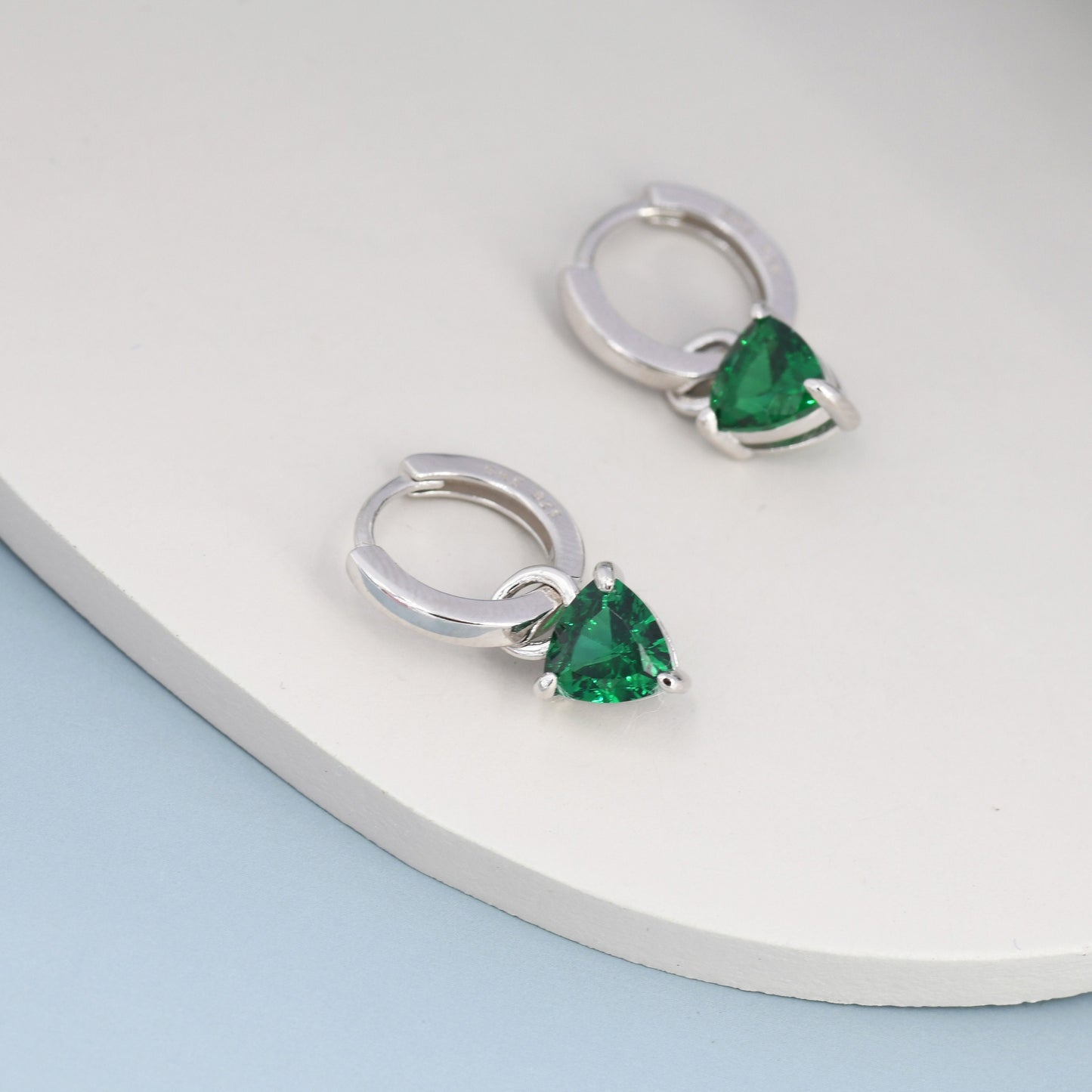 Sterling Silver Emerald Green Trillion Cut CZ Hoop Earrings, Silver, Gold, Triangle Dangle Hoop Earrings, Interchangeable Charm