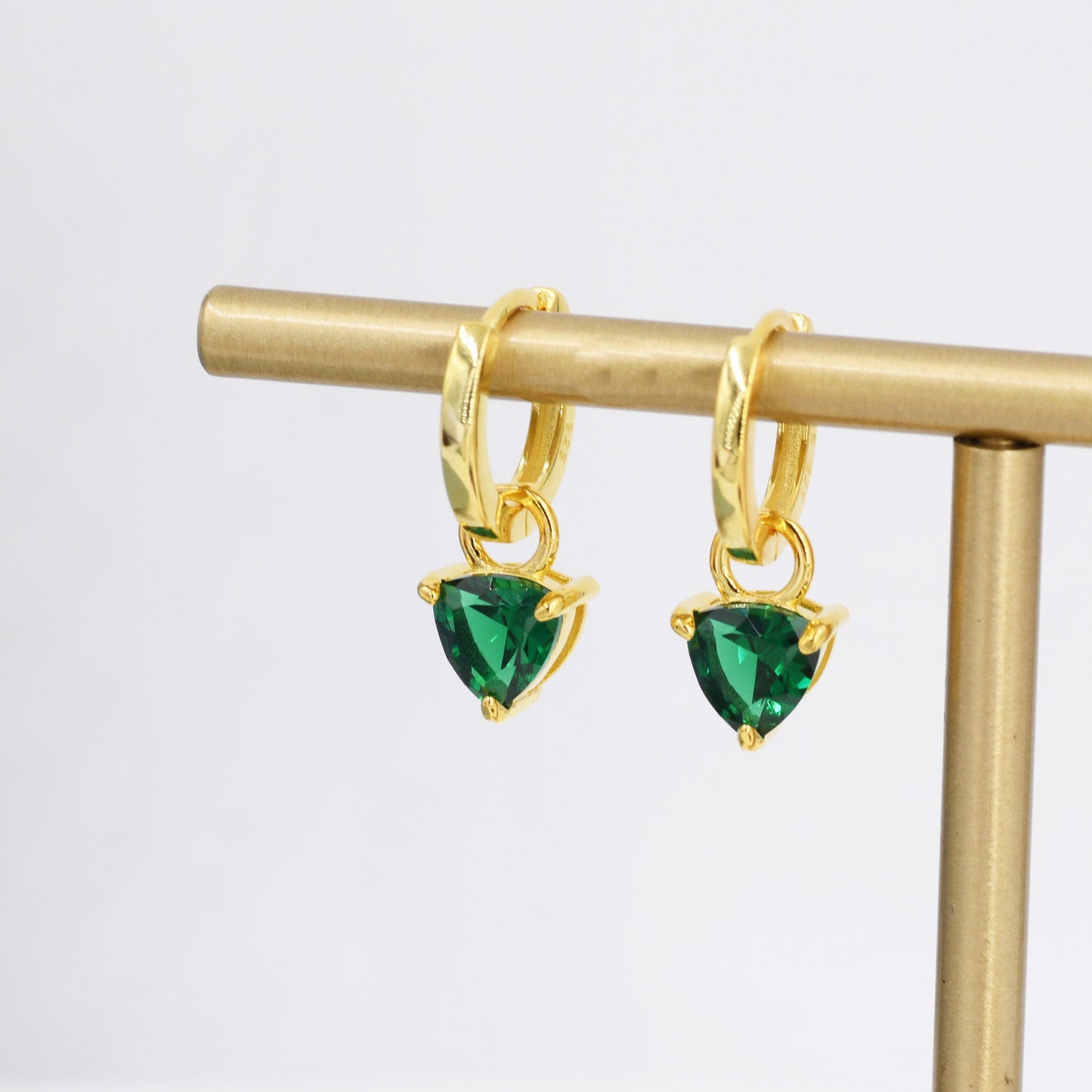 Sterling Silver Emerald Green Trillion Cut CZ Hoop Earrings, Silver, Gold, Triangle Dangle Hoop Earrings, Interchangeable Charm