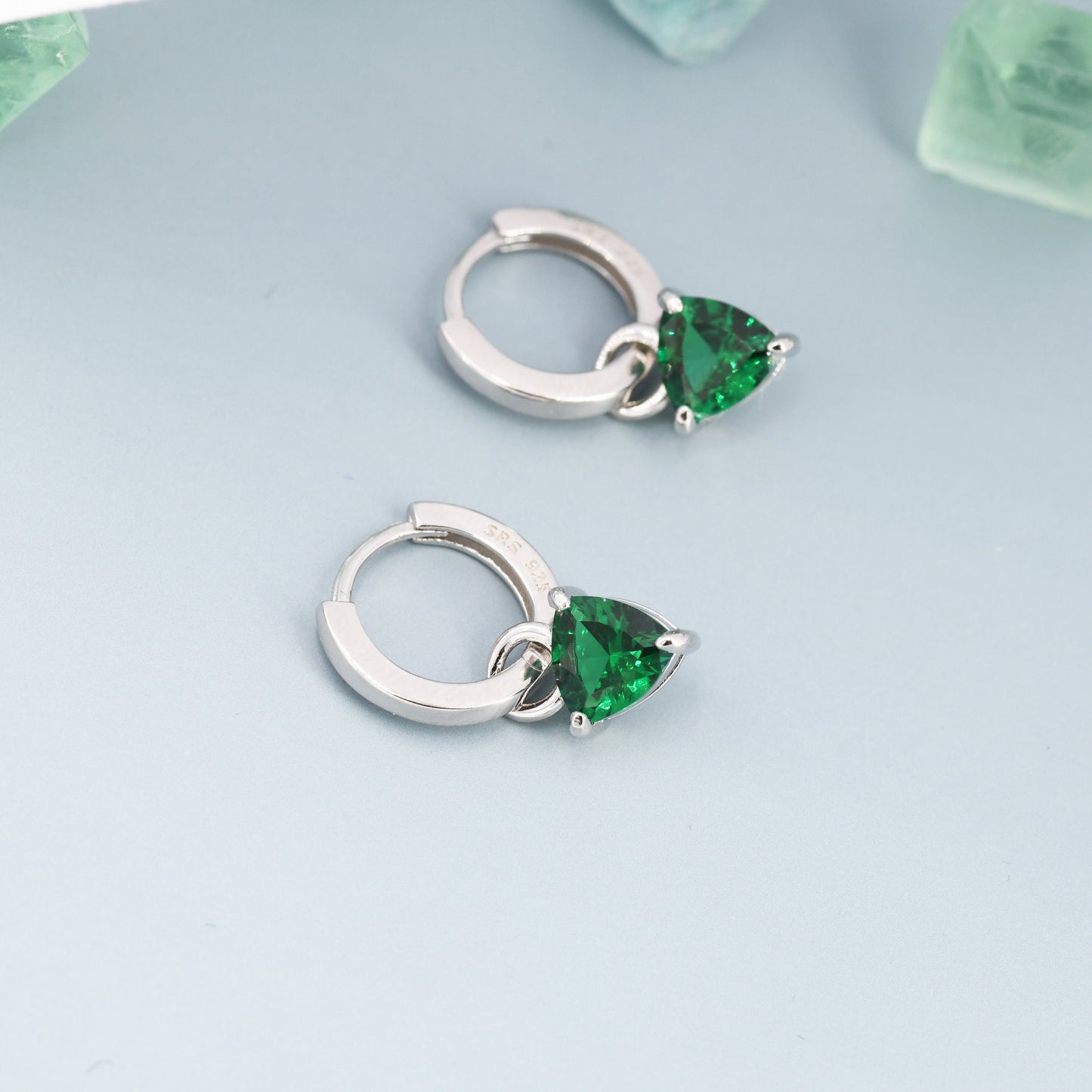 Sterling Silver Emerald Green Trillion Cut CZ Hoop Earrings, Silver, Gold, Triangle Dangle Hoop Earrings, Interchangeable Charm