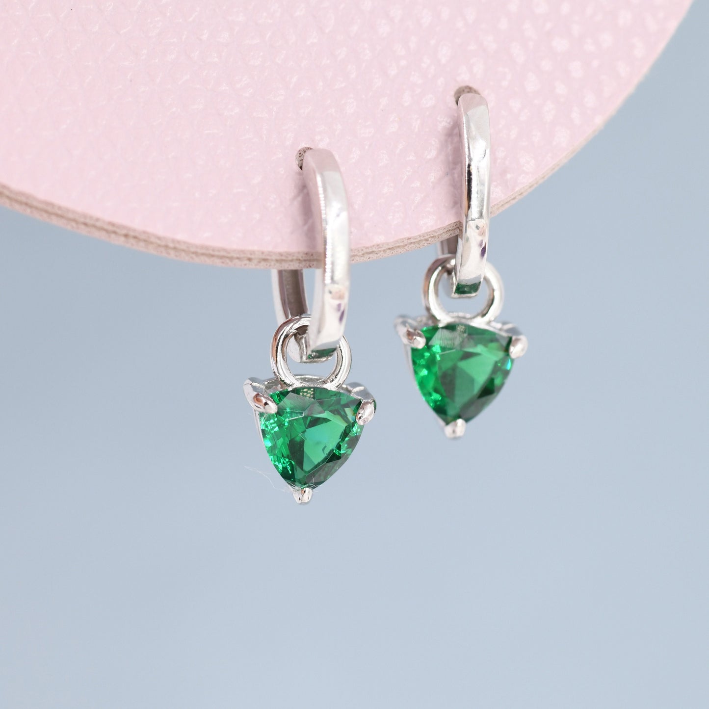 Sterling Silver Emerald Green Trillion Cut CZ Hoop Earrings, Silver, Gold, Triangle Dangle Hoop Earrings, Interchangeable Charm