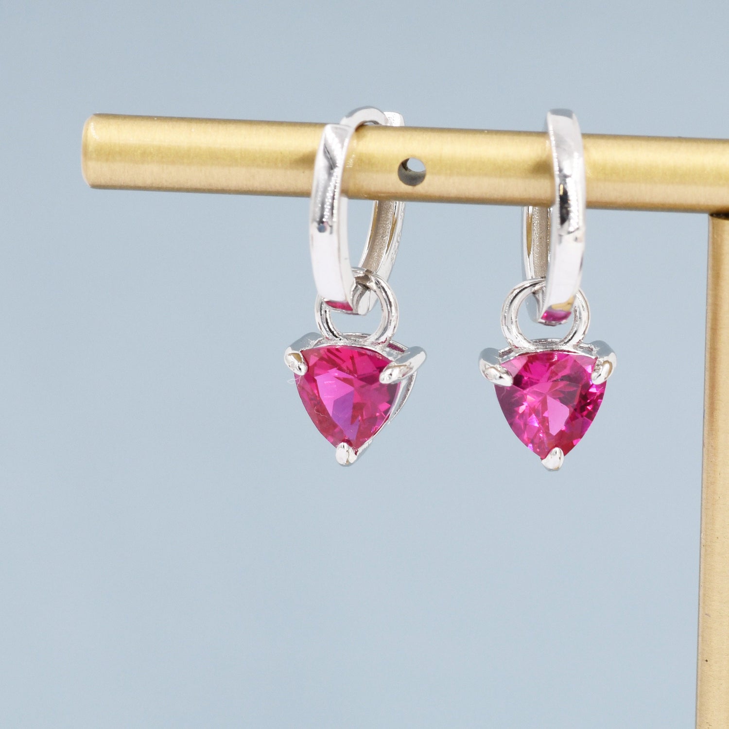 Sterling Silver Ruby Red Trillion Cut CZ Hoop Earrings, Silver, Gold, Triangle Dangle Hoop Earrings, Interchangeable Charm, July Birthstone