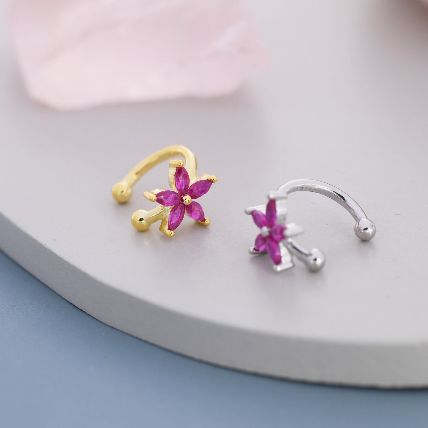 Ruby Pink CZ Flower Ear Cuff in Sterling Silver, Silver or Gold, Simple Piercing Free Earrings, Minimalist Ear Cuff, Pink CZ Cuff, July