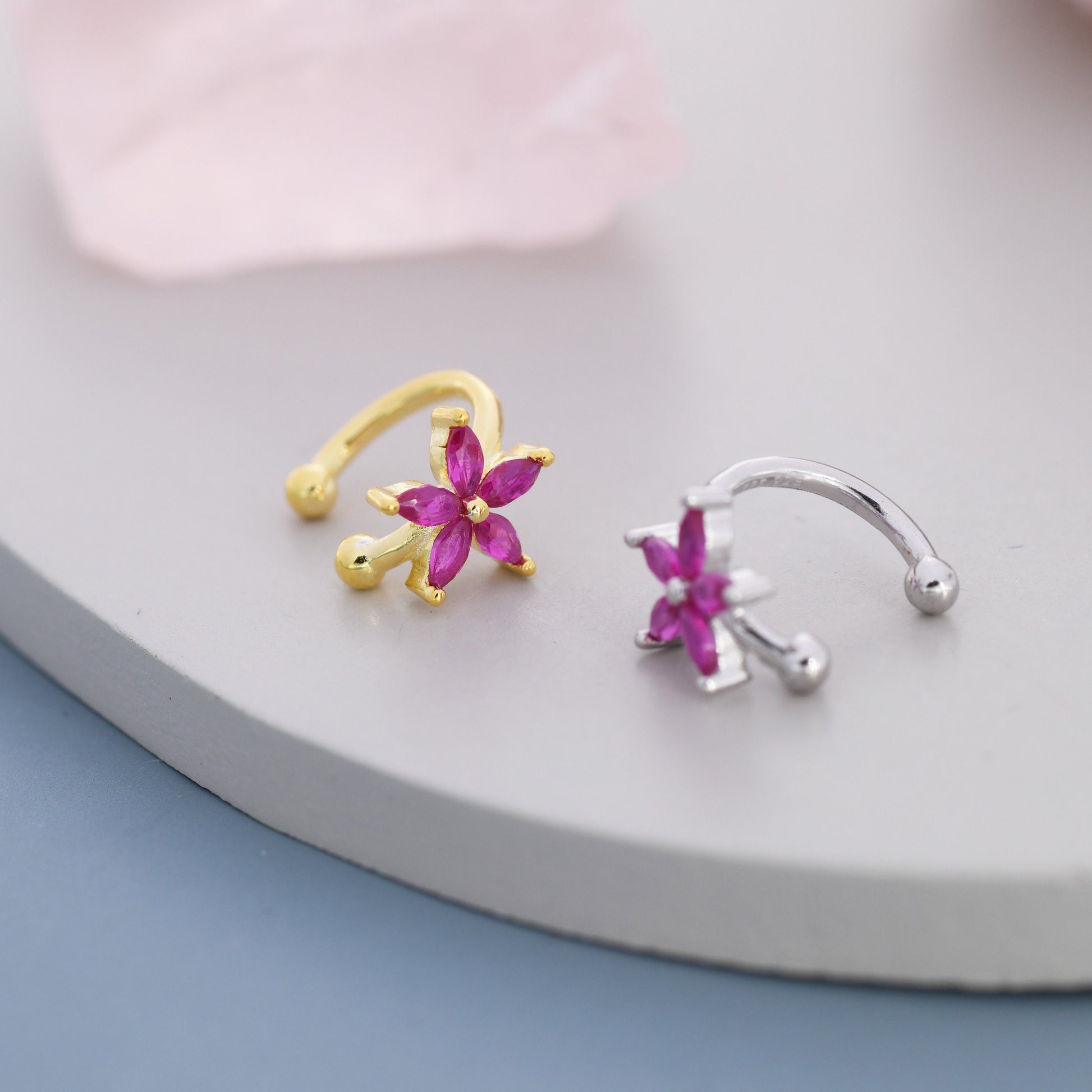 Ruby Pink CZ Flower Ear Cuff in Sterling Silver, Silver or Gold, Simple Piercing Free Earrings, Minimalist Ear Cuff, Pink CZ Cuff, July