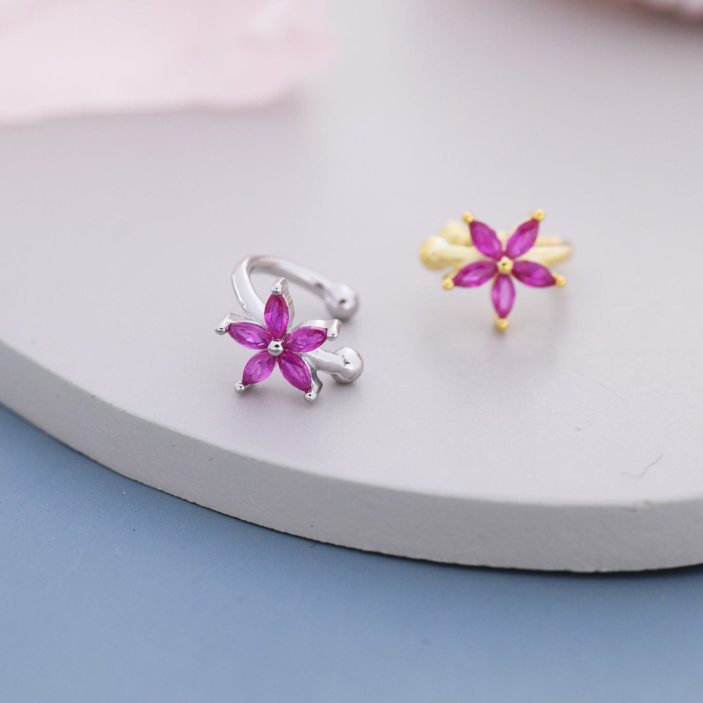 Ruby Pink CZ Flower Ear Cuff in Sterling Silver, Silver or Gold, Simple Piercing Free Earrings, Minimalist Ear Cuff, Pink CZ Cuff, July