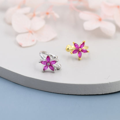 Ruby Pink CZ Flower Ear Cuff in Sterling Silver, Silver or Gold, Simple Piercing Free Earrings, Minimalist Ear Cuff, Pink CZ Cuff, July