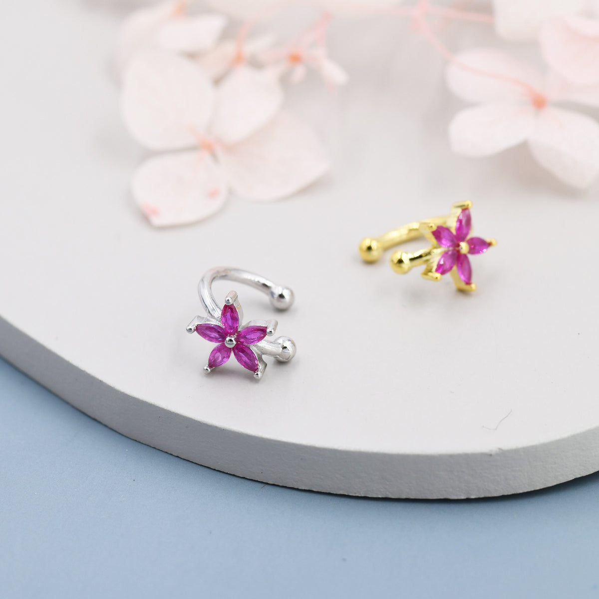 Ruby Pink CZ Flower Ear Cuff in Sterling Silver, Silver or Gold, Simple Piercing Free Earrings, Minimalist Ear Cuff, Pink CZ Cuff, July