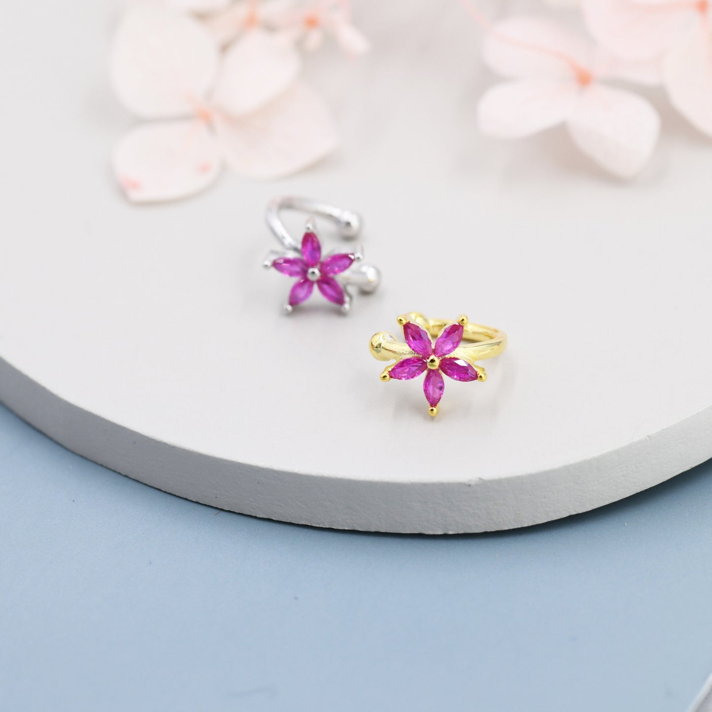 Ruby Pink CZ Flower Ear Cuff in Sterling Silver, Silver or Gold, Simple Piercing Free Earrings, Minimalist Ear Cuff, Pink CZ Cuff, July