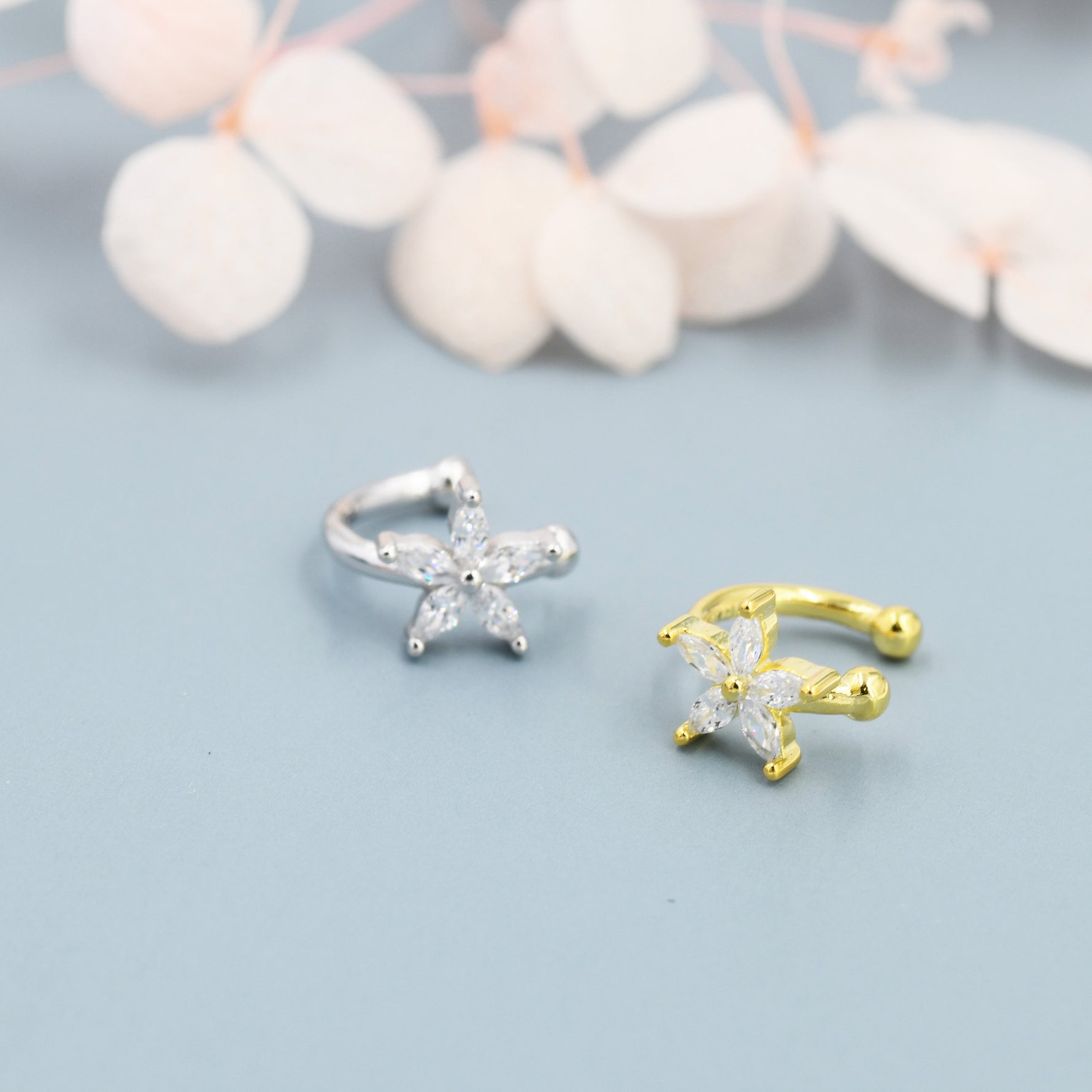 CZ Flower Ear Cuff in Sterling Silver, Silver or Gold, Simple Piercing Free Earrings, Minimalist Ear Cuff, Pink CZ Cuff
