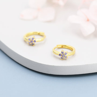Tiny Purple Amethyst CZ Flower Huggie Hoops, CZ Hoop Earrings, Crystal Flower Huggie Earrings, Amehyst Hoop Earrings