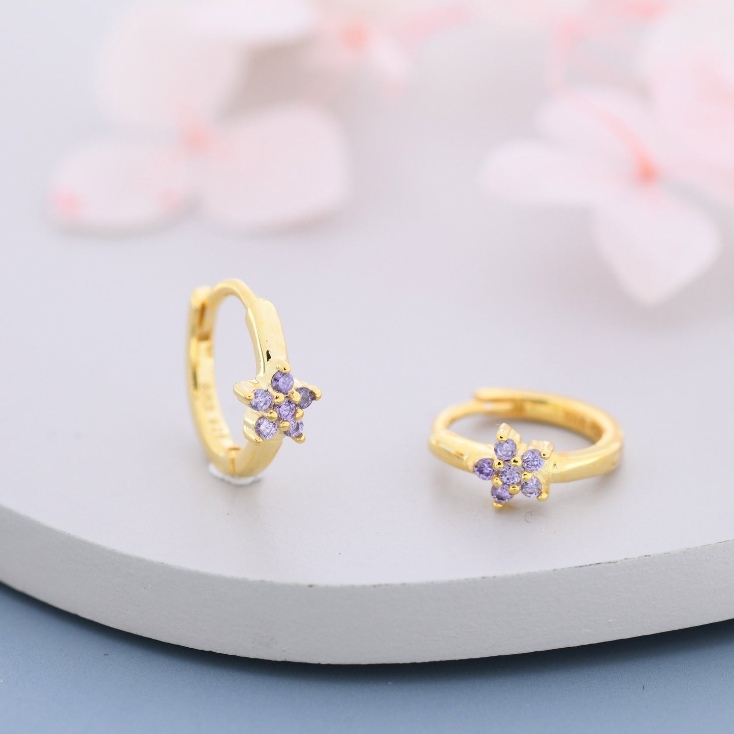 Tiny Purple Amethyst CZ Flower Huggie Hoops, CZ Hoop Earrings, Crystal Flower Huggie Earrings, Amehyst Hoop Earrings