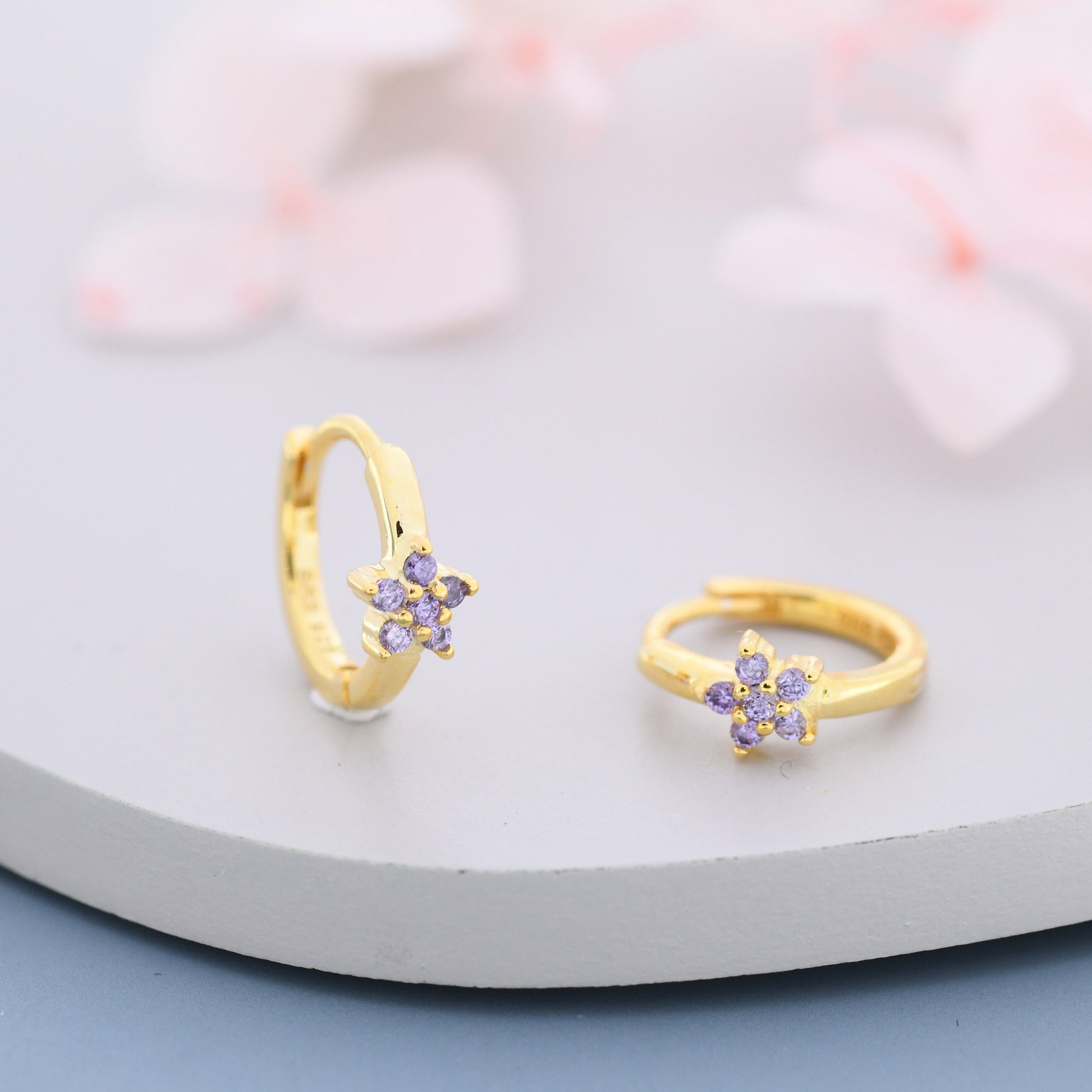 Tiny Purple Amethyst CZ Flower Huggie Hoops, CZ Hoop Earrings, Crystal Flower Huggie Earrings, Amehyst Hoop Earrings