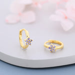 Tiny Purple Amethyst CZ Flower Huggie Hoops, CZ Hoop Earrings, Crystal Flower Huggie Earrings, Amehyst Hoop Earrings