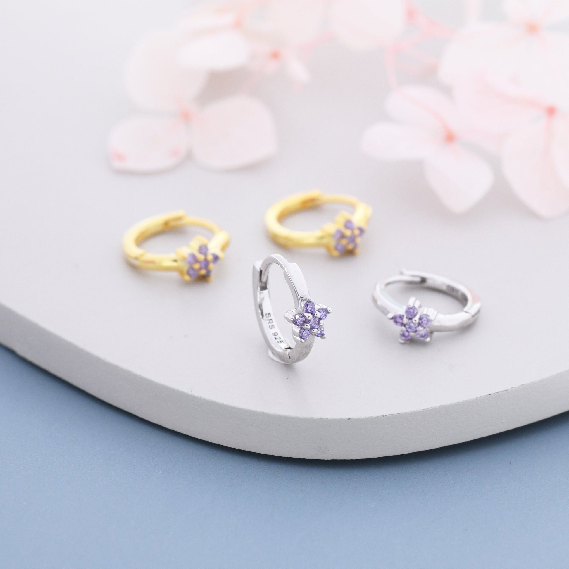 Tiny Purple Amethyst CZ Flower Huggie Hoops, CZ Hoop Earrings, Crystal Flower Huggie Earrings, Amehyst Hoop Earrings