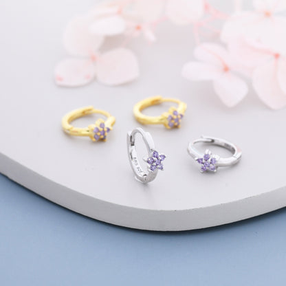 Tiny Purple Amethyst CZ Flower Huggie Hoops, CZ Hoop Earrings, Crystal Flower Huggie Earrings, Amehyst Hoop Earrings