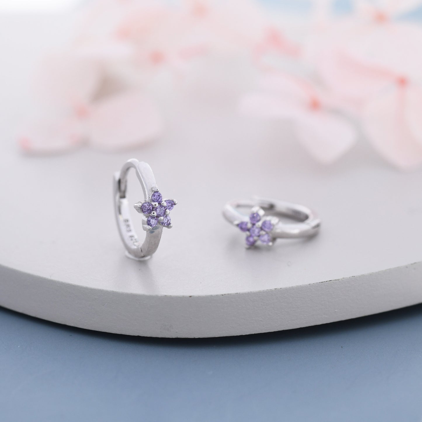 Tiny Purple Amethyst CZ Flower Huggie Hoops, CZ Hoop Earrings, Crystal Flower Huggie Earrings, Amehyst Hoop Earrings