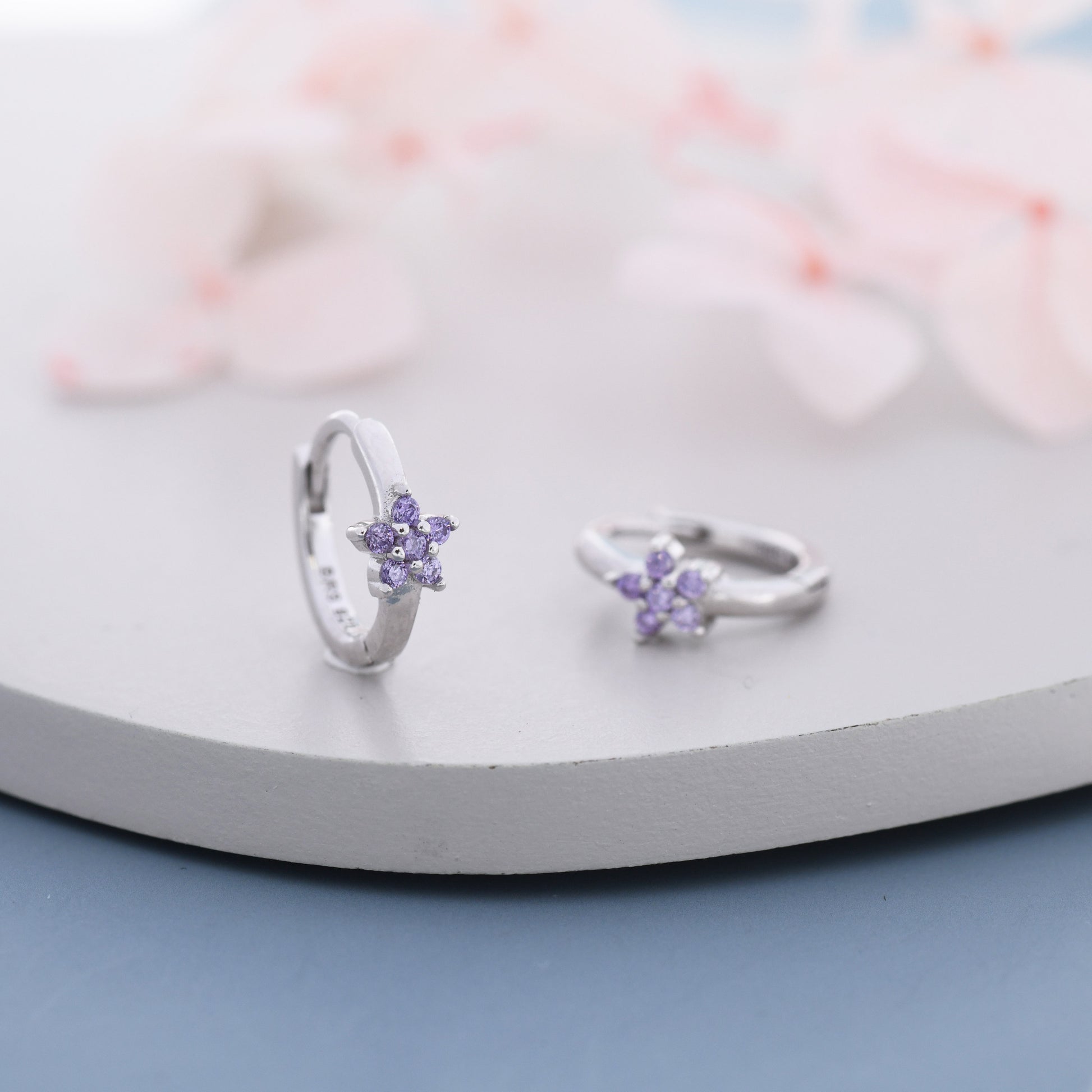 Tiny Purple Amethyst CZ Flower Huggie Hoops, CZ Hoop Earrings, Crystal Flower Huggie Earrings, Amehyst Hoop Earrings