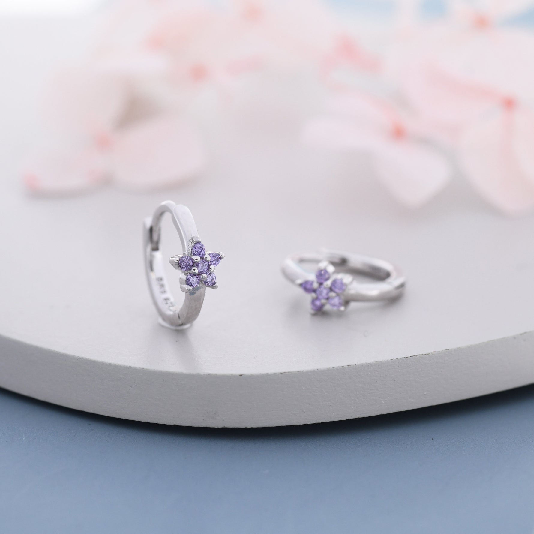 Tiny Purple Amethyst CZ Flower Huggie Hoops, CZ Hoop Earrings, Crystal Flower Huggie Earrings, Amehyst Hoop Earrings