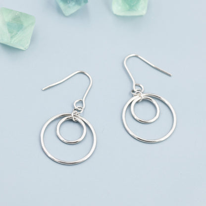 Double Circle Drop Hook Earrings in Sterling Silver, Silver or Gold, Minimalist Dangle Earrings