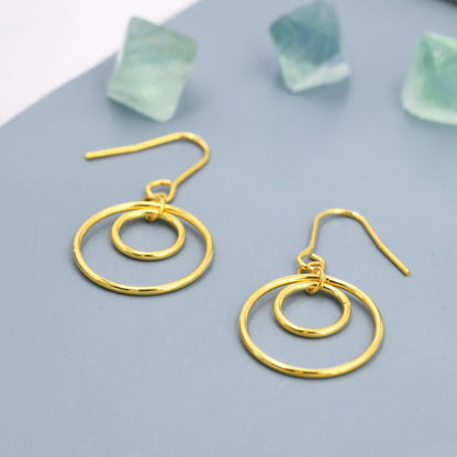 Double Circle Drop Hook Earrings in Sterling Silver, Silver or Gold, Minimalist Dangle Earrings