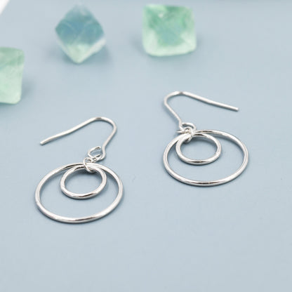 Double Circle Drop Hook Earrings in Sterling Silver, Silver or Gold, Minimalist Dangle Earrings