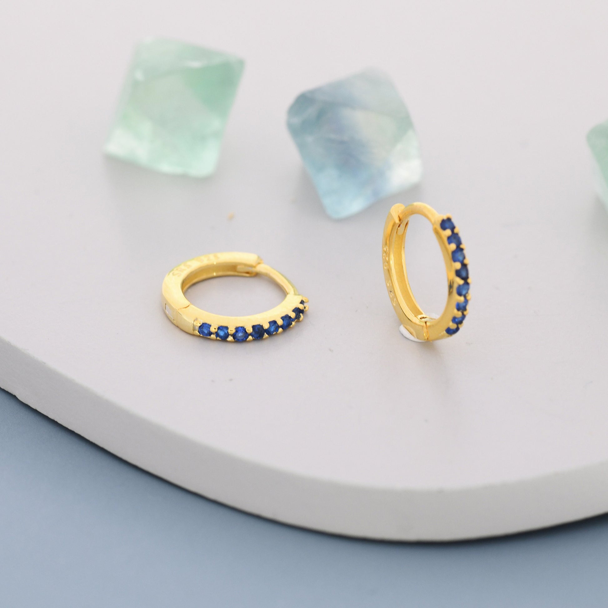 Sapphire Blue CZ Huggie Hoop in Sterling Silver Minimalist Simple Hoop Earrings, Sapphire Hoops, Blue Hoops, Skinny Hoops, Stacking Earrings