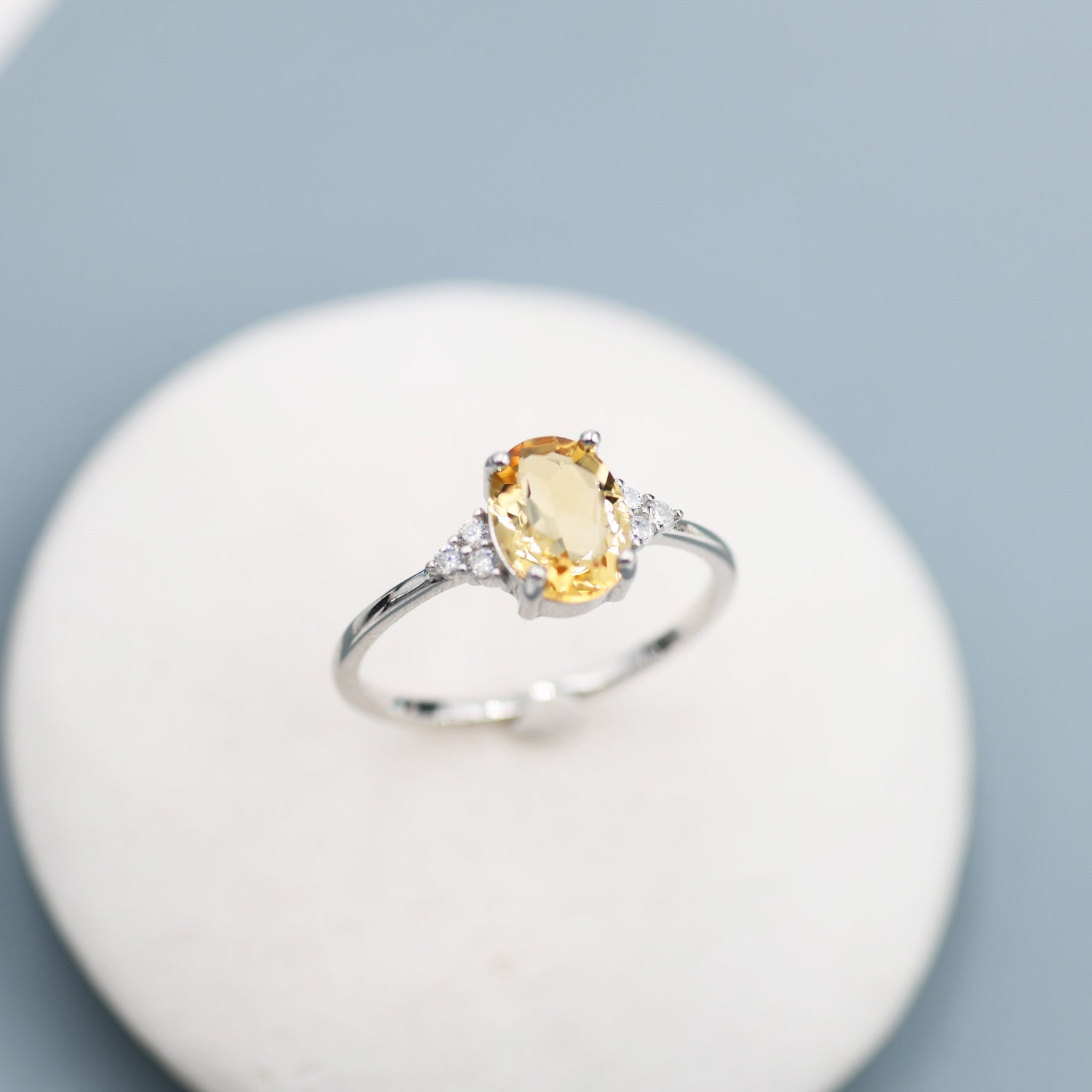 Genuine Citrine Oval Ring in Sterling Silver, Natural Yellow Citrine Ring, Three CZ,  Vintage Inspired Design, US 5 - 8, November Birthstone
