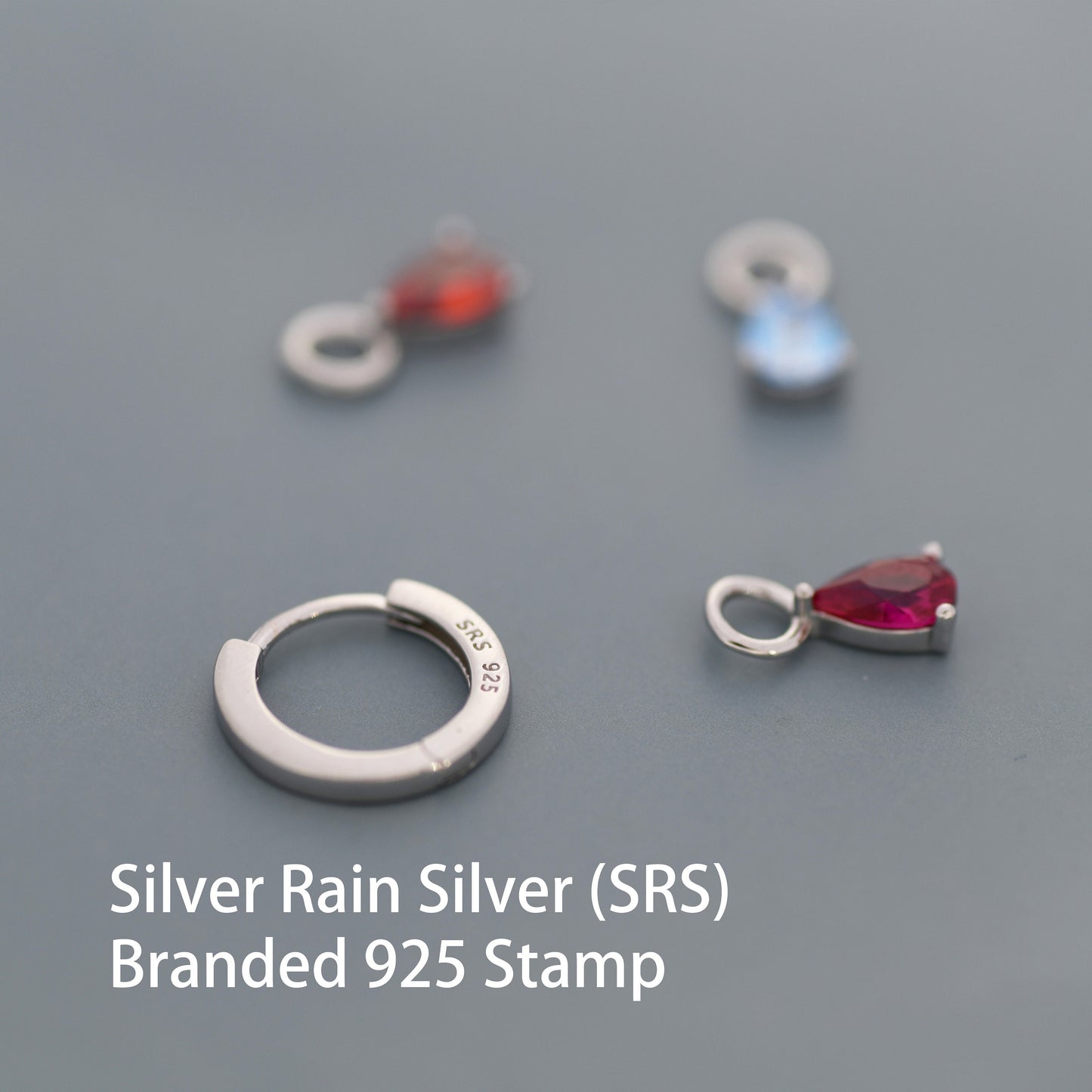 Sterling Silver Garnet Red CZ Droplet Hoop Earrings, Silver, Gold or Rose Gold, Pear Cut Drop Earrings, Interchangeable Charms, January