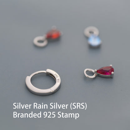 Sterling Silver Garnet Red CZ Droplet Hoop Earrings, Silver, Gold or Rose Gold, Pear Cut Drop Earrings, Interchangeable Charms, January