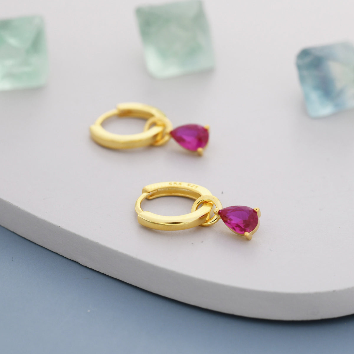 Sterling Silver Ruby Red CZ Droplet Hoop Earrings, Silver, Gold or Rose Gold, Pear Cut Drop Earrings, Interchangeable Charms, July