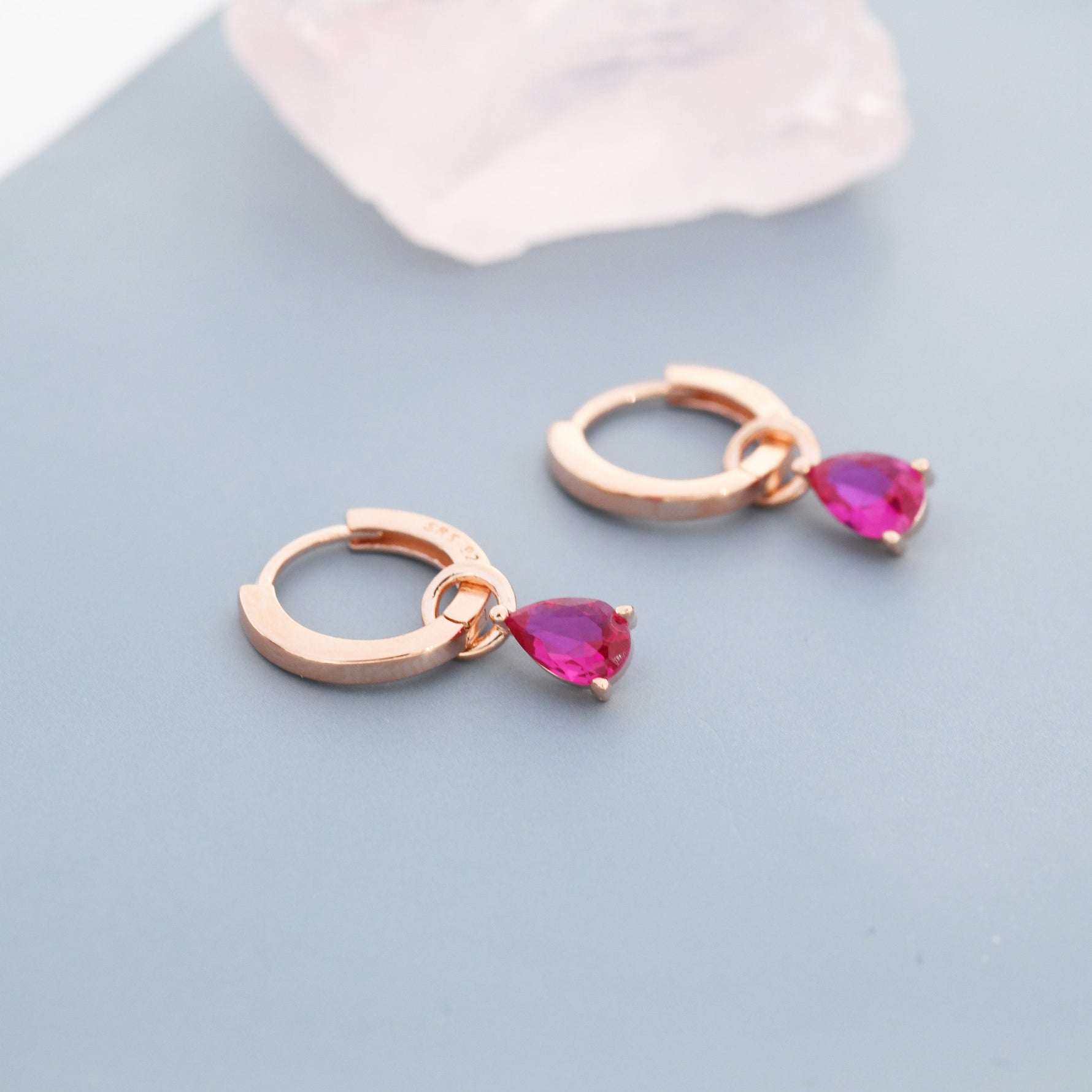 Sterling Silver Ruby Red CZ Droplet Hoop Earrings, Silver, Gold or Rose Gold, Pear Cut Drop Earrings, Interchangeable Charms, July