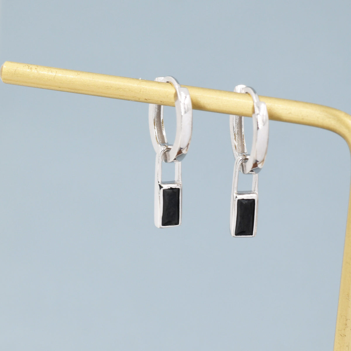 Black Baguette Cut CZ Huggie Hoop in Sterling Silver, Silver or Gold, CZ Minimalist Hoop Earrings, Detachable and Interchangeable