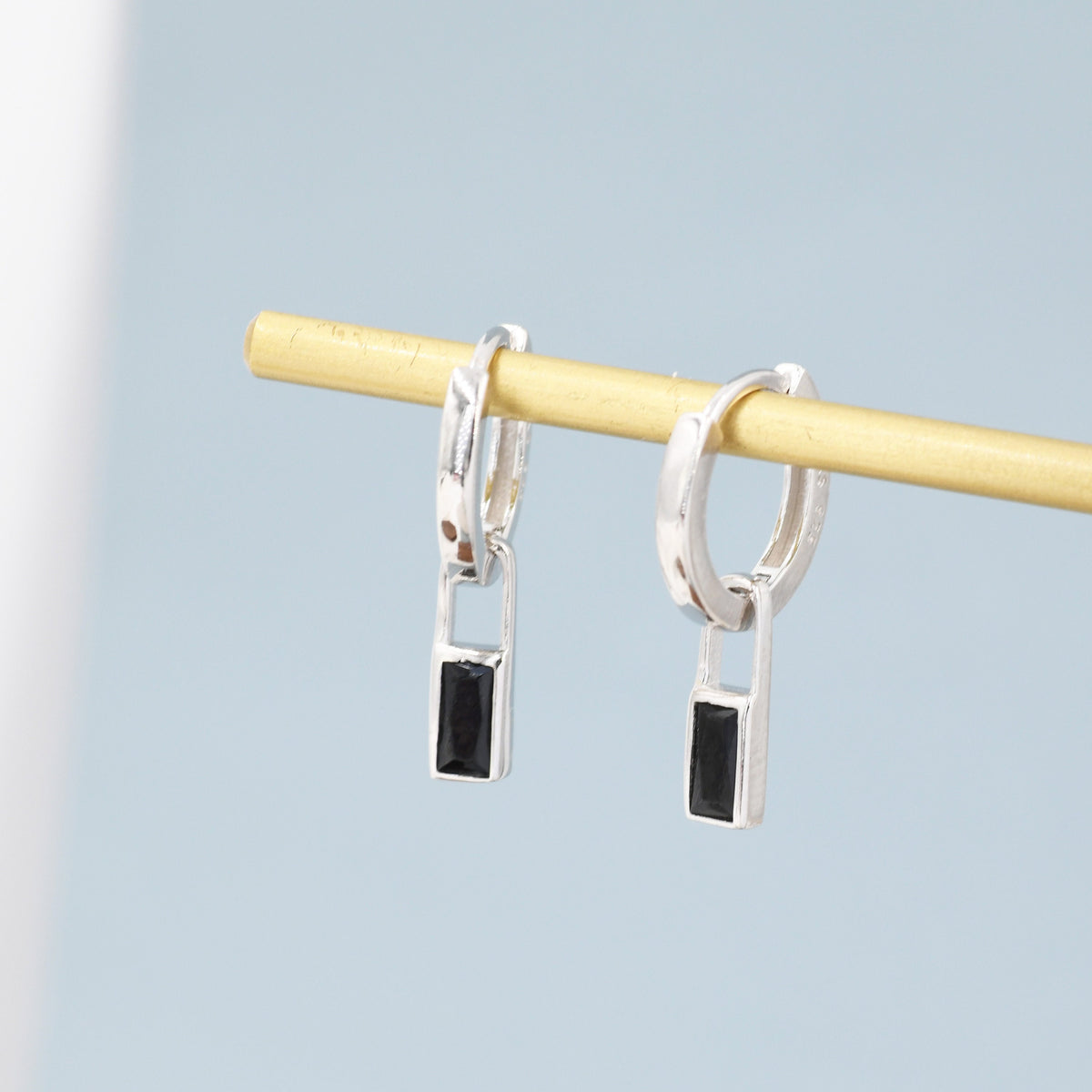 Black Baguette Cut CZ Huggie Hoop in Sterling Silver, Silver or Gold, CZ Minimalist Hoop Earrings, Detachable and Interchangeable