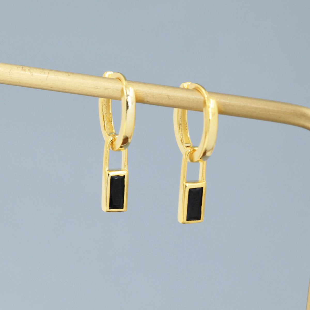 Black Baguette Cut CZ Huggie Hoop in Sterling Silver, Silver or Gold, CZ Minimalist Hoop Earrings, Detachable and Interchangeable