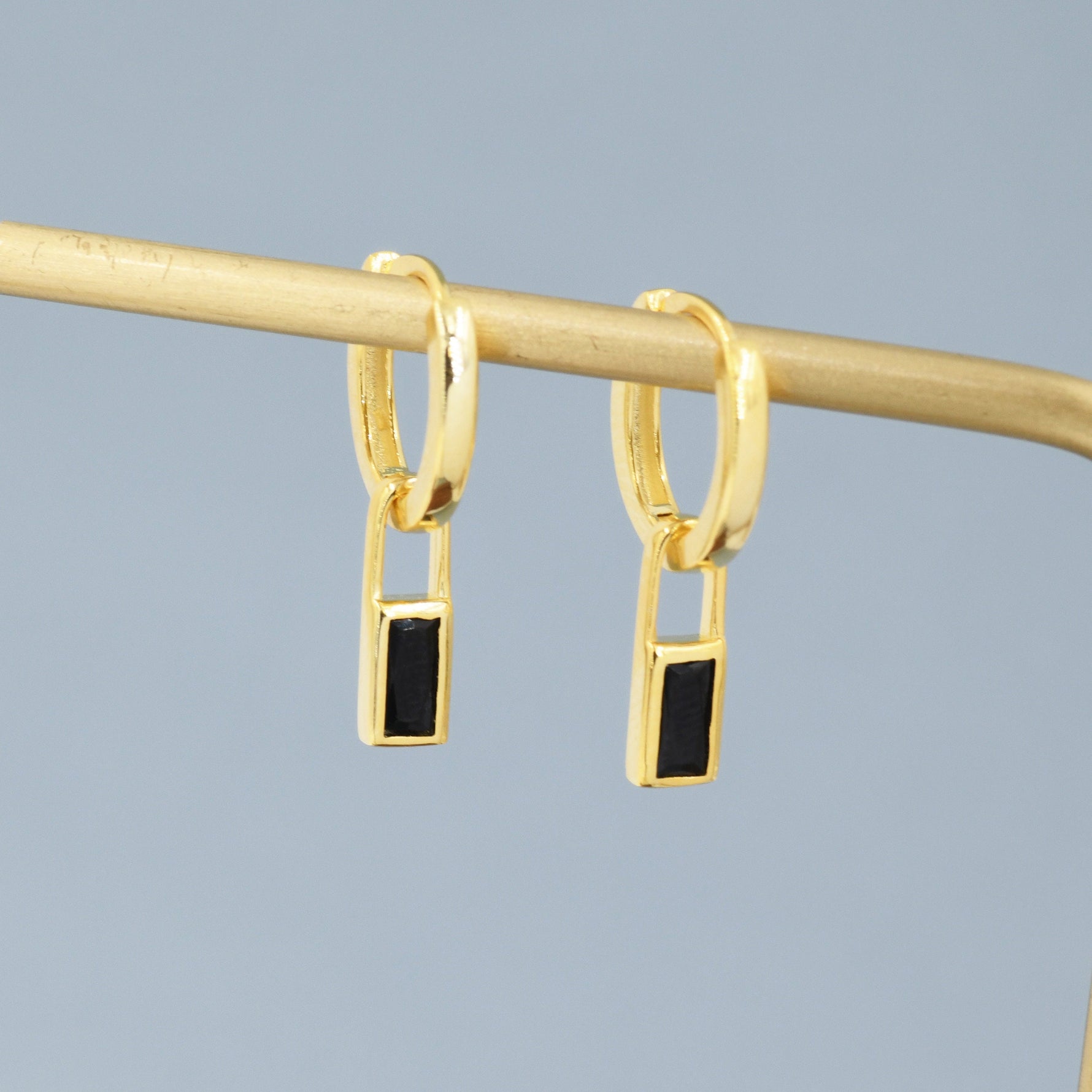 Black Baguette Cut CZ Huggie Hoop in Sterling Silver, Silver or Gold, CZ Minimalist Hoop Earrings, Detachable and Interchangeable