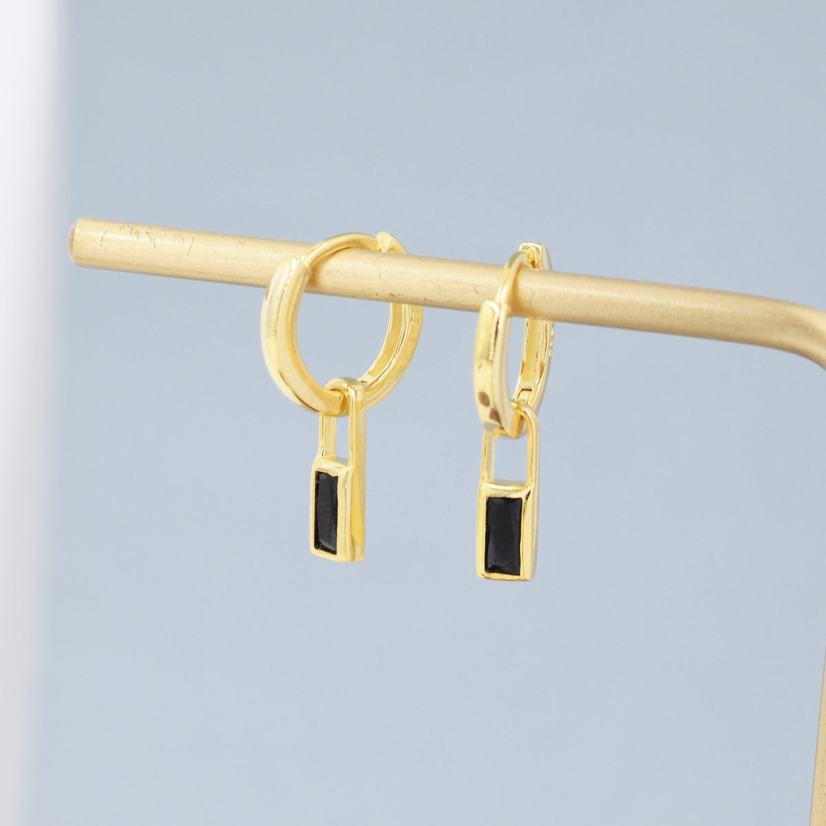 Black Baguette Cut CZ Huggie Hoop in Sterling Silver, Silver or Gold, CZ Minimalist Hoop Earrings, Detachable and Interchangeable