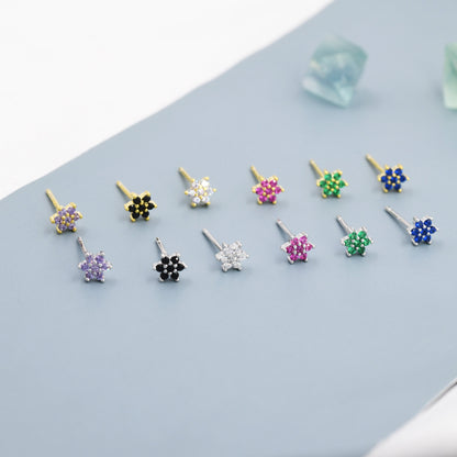Pair of Very Tiny CZ Flower Stud Earrings in Sterling Silver, Silver or Gold Finish, Crystal Flower Earrings, Stacking Earrings, Snowflake