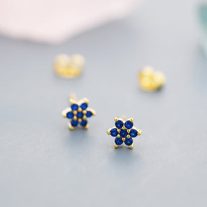 Pair of Very Tiny Sapphire Blue CZ Flower Stud Earrings in Sterling Silver, Silver or Gold, Crystal Flower Earrings, Stacking Earrings