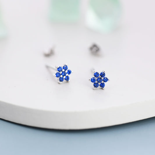 Pair of Very Tiny Sapphire Blue CZ Flower Stud Earrings in Sterling Silver, Silver or Gold, Crystal Flower Earrings, Stacking Earrings