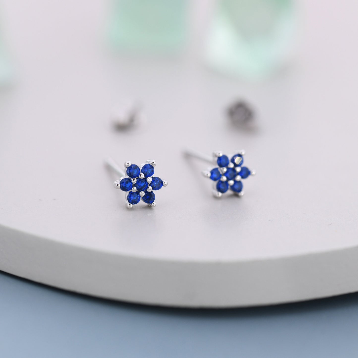 Pair of Very Tiny Sapphire Blue CZ Flower Stud Earrings in Sterling Silver, Silver or Gold, Crystal Flower Earrings, Stacking Earrings