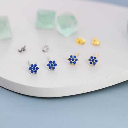 Pair of Very Tiny Sapphire Blue CZ Flower Stud Earrings in Sterling Silver, Silver or Gold, Crystal Flower Earrings, Stacking Earrings