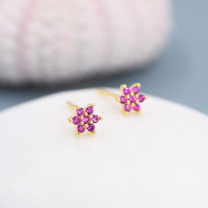 Pair of Very Tiny Ruby Pink CZ Flower Stud Earrings in Sterling Silver, Silver or Gold, Crystal Flower Earrings, Stacking Earrings, Ruby Red