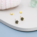 Pair of Very Tiny Black CZ Flower Stud Earrings in Sterling Silver, Silver or Gold, Crystal Flower Earrings, Stacking Earrings