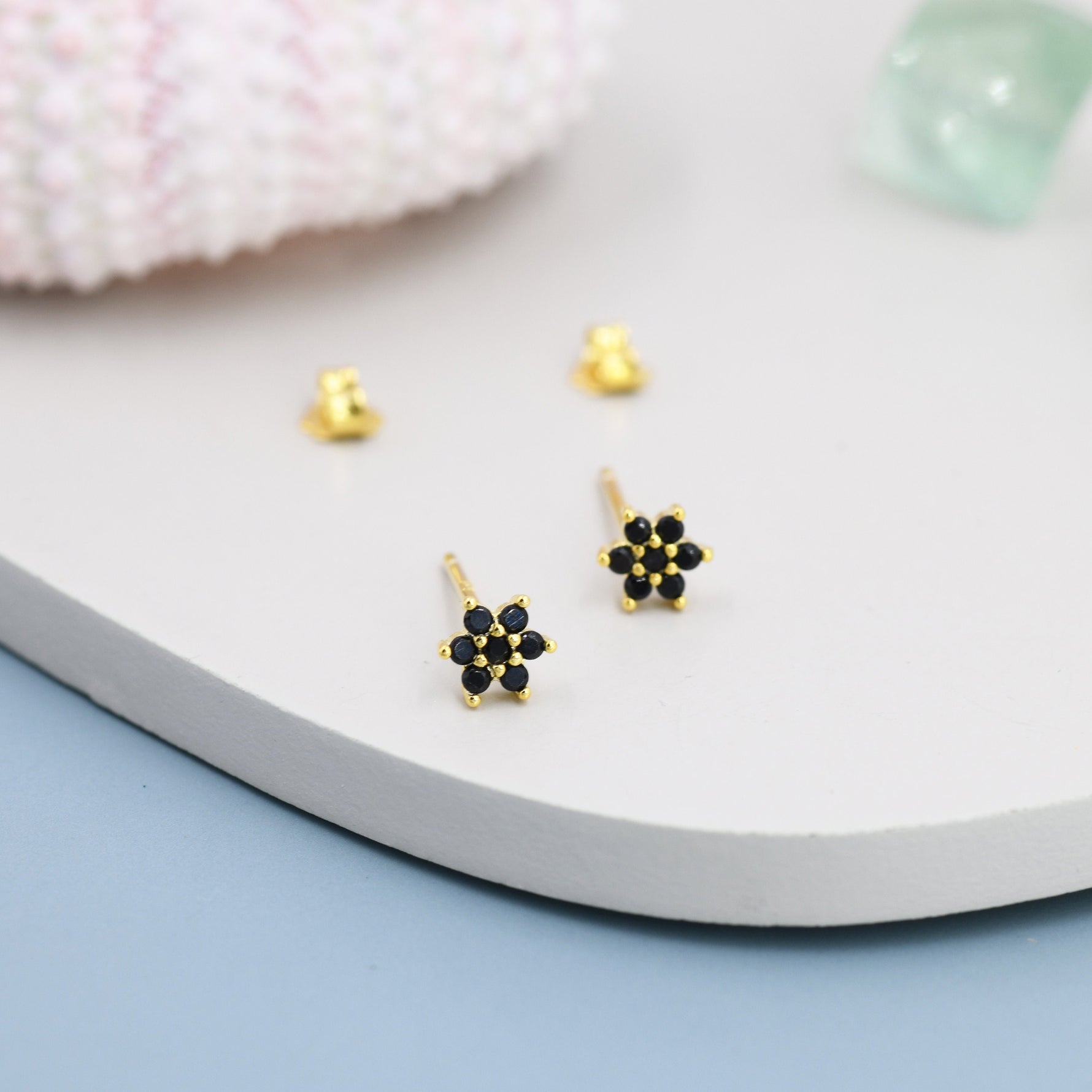 Pair of Very Tiny Black CZ Flower Stud Earrings in Sterling Silver, Silver or Gold, Crystal Flower Earrings, Stacking Earrings