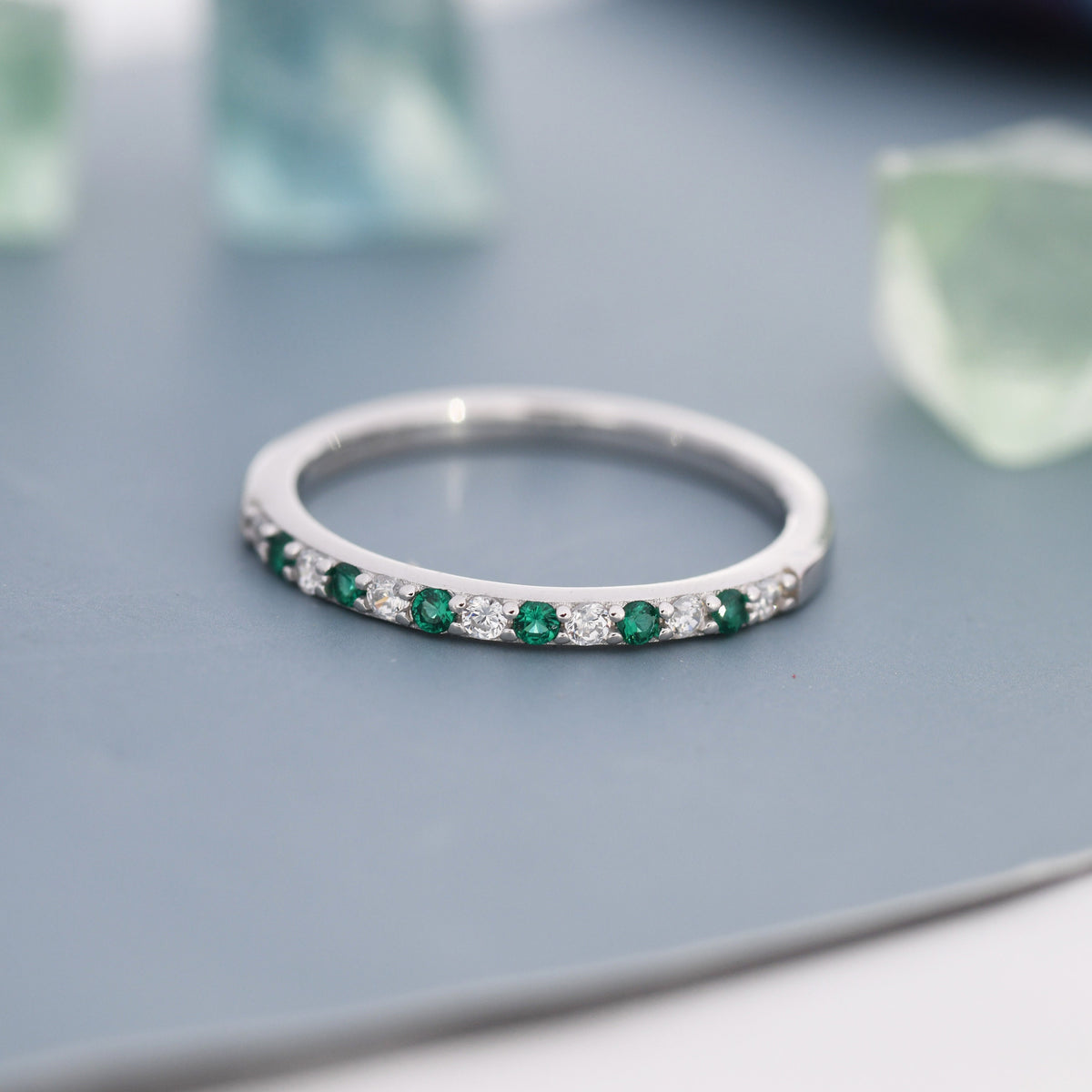 Emerald Green and Clear CZ Half Eternity Ring in Sterling Silver, Silver or Gold, Green Emerald CZ Skinny Ring, Stacking Ring US 5 - 8