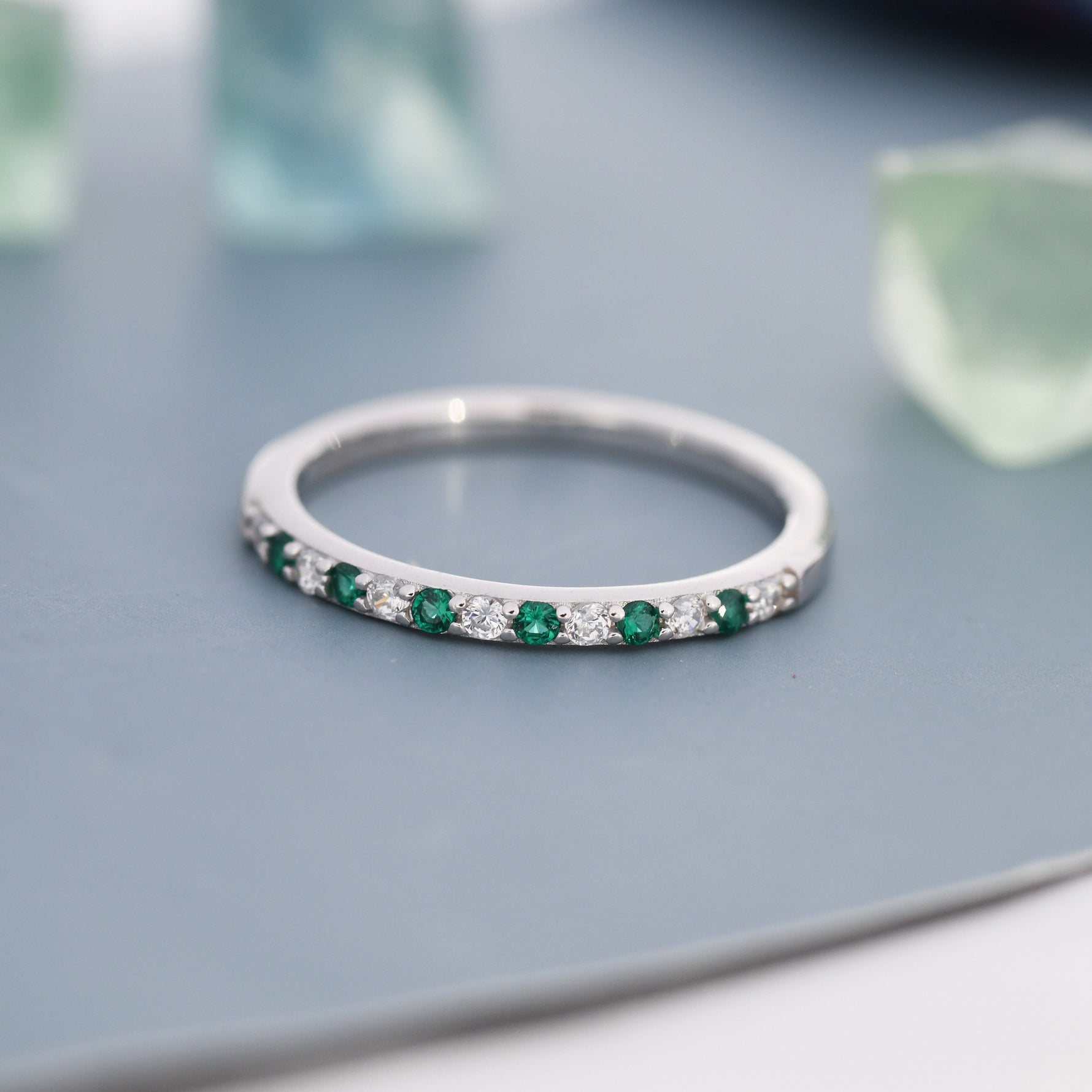 Emerald Green and Clear CZ Half Eternity Ring in Sterling Silver, Silver or Gold, Green Emerald CZ Skinny Ring, Stacking Ring US 5 - 8