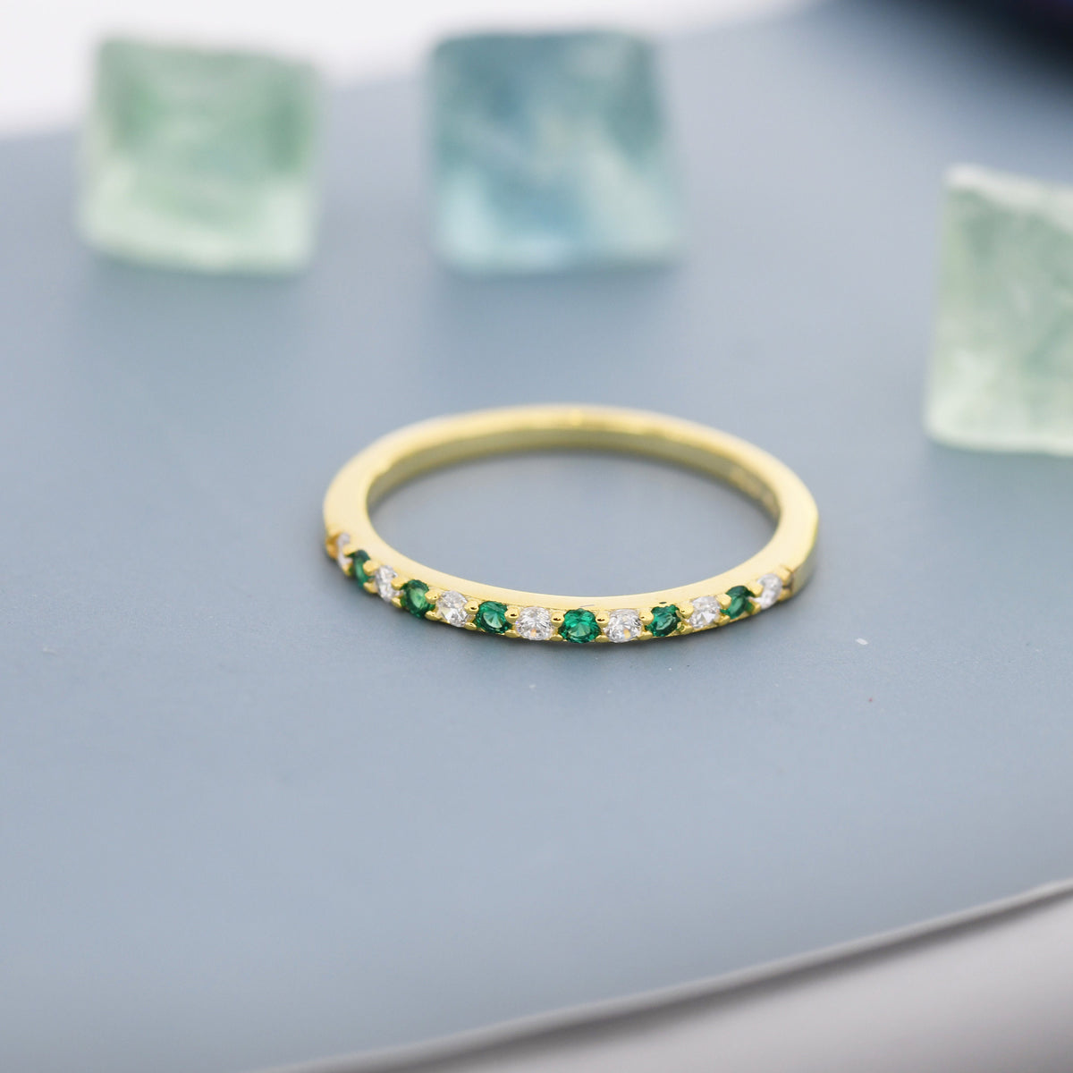 Emerald Green and Clear CZ Half Eternity Ring in Sterling Silver, Silver or Gold, Green Emerald CZ Skinny Ring, Stacking Ring US 5 - 8