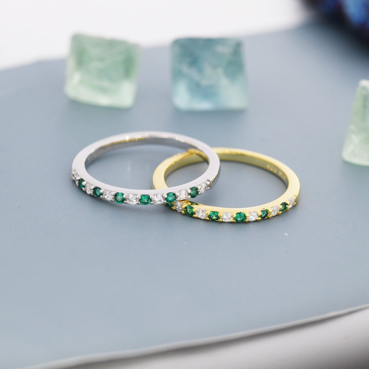 Emerald Green and Clear CZ Half Eternity Ring in Sterling Silver, Silver or Gold, Green Emerald CZ Skinny Ring, Stacking Ring US 5 - 8