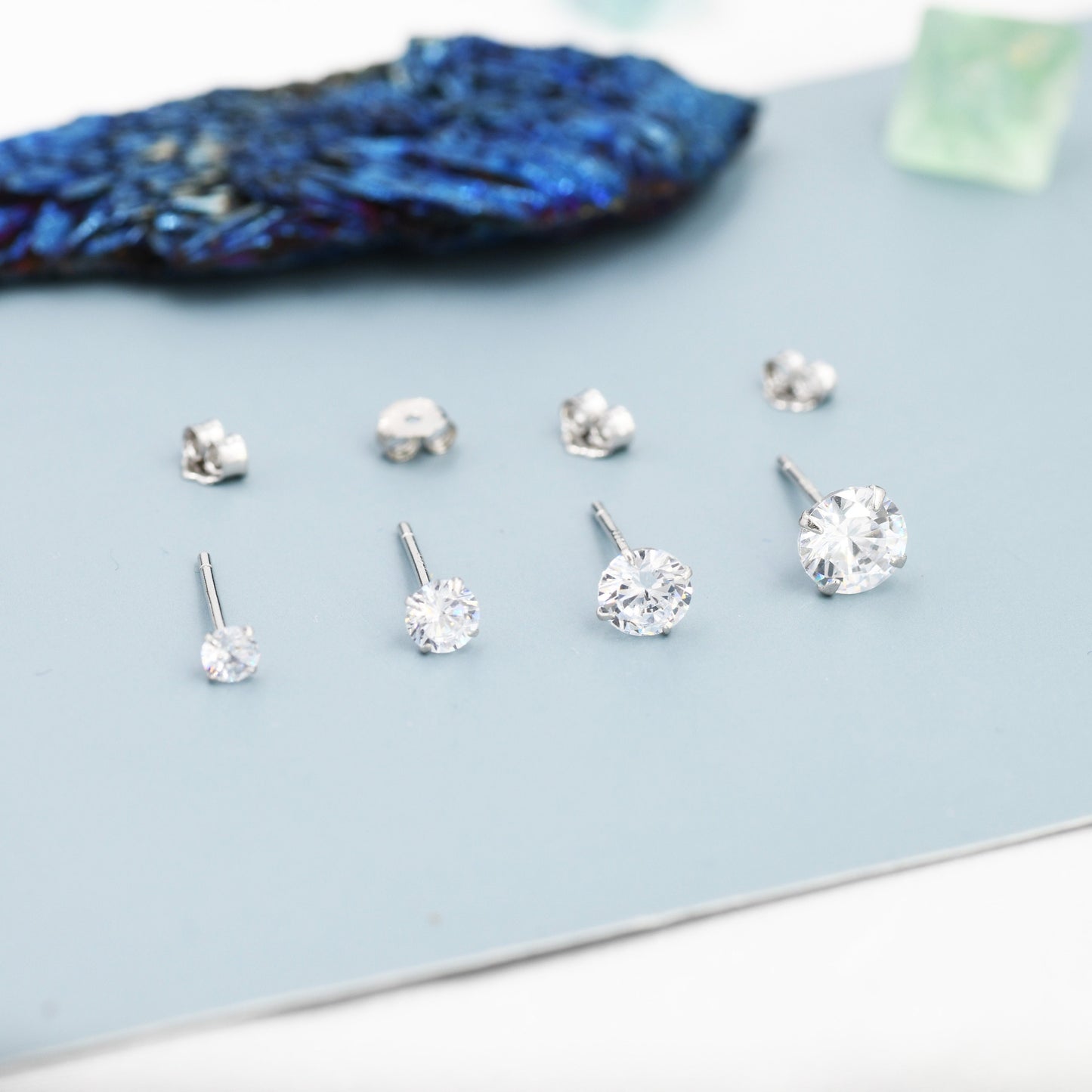 Simple CZ Crystal Stud Earrings in Sterling Silver, 3mm, 4mm, 5mm and 6mm, Various Sizes, Minimalist CZ Stud